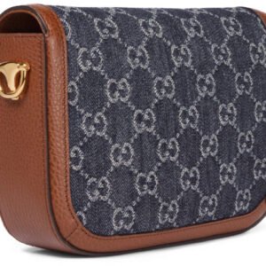 GUCCI Horsebit 1955 Retro Gold Buckle Logo Stripe Webbing Denim Saddle Bag Shoulder Messenger Bag Mini Gray Blue / Brown 658574-2KQPG-8391 | AlmaBagz