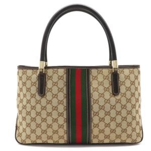 Gucci GG Canvas Sherry Line Tote Bag Shoulder Khaki Beige Dark Brown 161717 | AlmaBagz