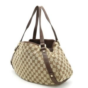 GUCCI GG Canvas Tote Bag Shoulder Leather Khaki Beige Dark Brown 130736 | AlmaBagz