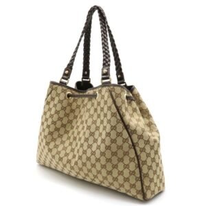 GUCCI GG Canvas Tote Bag Shoulder Tassel Leather Khaki Beige Dark Brown 170206 | AlmaBagz