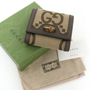 GUCCI Jumbo GG Diana Bamboo Compact Wallet Bifold L-shaped Zipper Coin Purse Canvas 658635 Brown Gold Hardware | AlmaBagz