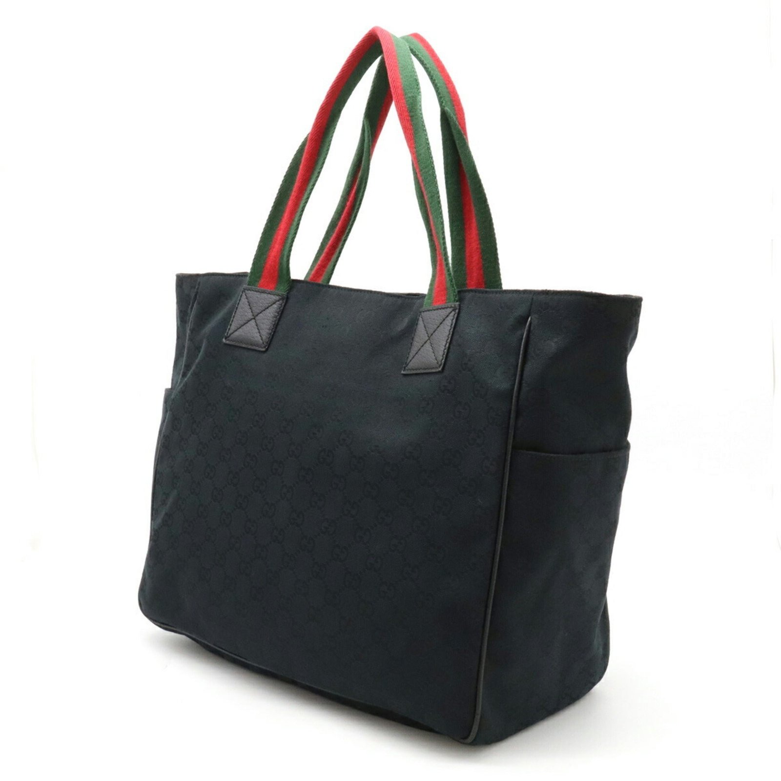 GUCCI GG Canvas Sherry Line Tote Bag Shoulder Leather Black Green Red 161836 | AlmaBagz