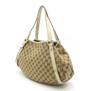 GUCCI GG Canvas Tote Bag Shoulder Leather Khaki Beige Light 130736 | AlmaBagz