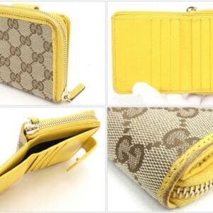 GUCCI Bifold Round Wallet GG Small Zip 346056 Beige Yellow Canvas Leather Ladies Double G | AlmaBagz