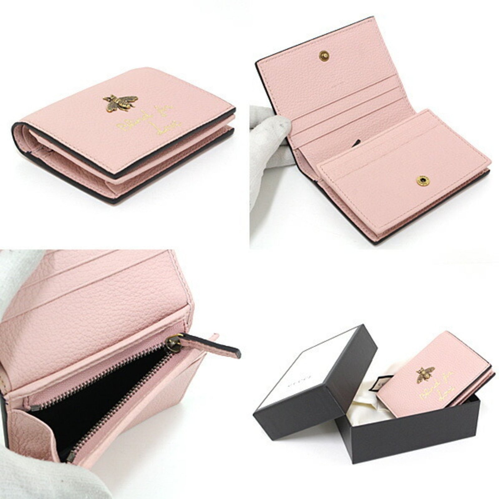 Gucci Animalier Bee Leather Card Case Light Pink 460185 Bi-Fold Mini Wallet Compact | AlmaBagz - Image 3