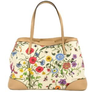 Gucci Flora canvas leather tote Bag beige handBag 358470 day landing 50th anniversary | AlmaBagz