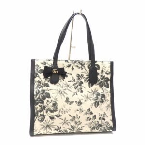 Gucci Herbarium Tote Bag Ladies Off-White Black Canvas Leather 432684 GG Ribbon Collection Day Limited Plant Butterfly | AlmaBagz