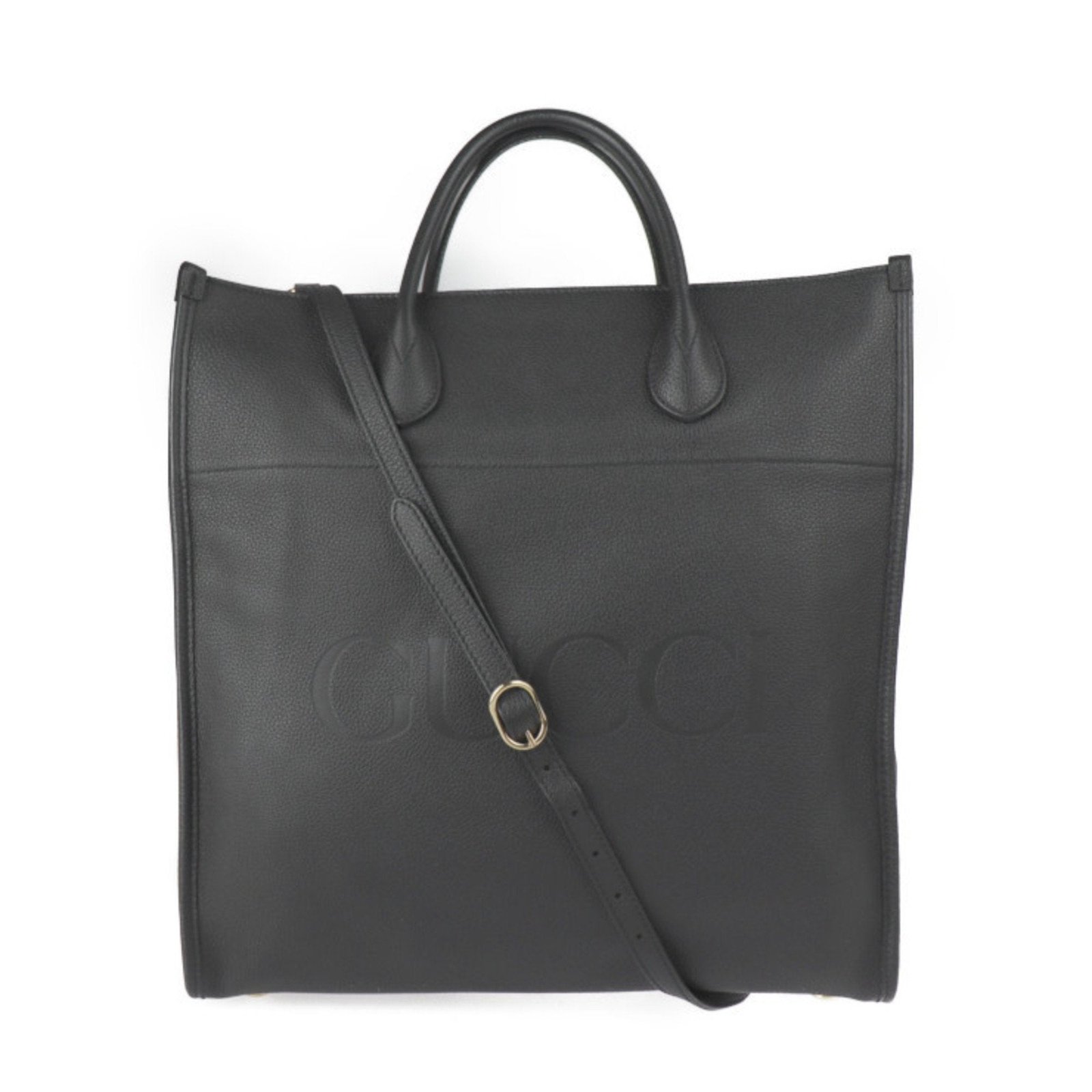 Gucci Logo Medium Tote Bag Shoulder 674850 Embossed Leather Black Gold Hardware 2WAY Handbag 2022 Current Product | AlmaBagz