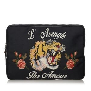 Gucci Embroidered Tiger Clutch Bag Laptop Case 473884 Black Canvas Ladies GUCCI | AlmaBagz