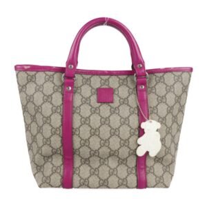 Gucci Handbag 297557 GG Supreme Canvas Leather Beige Ebony Purple Series Mini Tote Bag Bear Charm | AlmaBagz