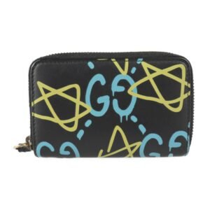 Gucci ghost coin case 448465 leather black light blue yellow gold metal fittings round fastener purse | AlmaBagz