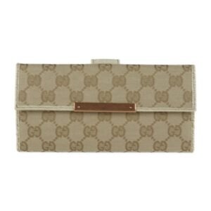 Gucci Bifold Wallet 112715 GG Canvas Leather Gold Beige Ivory Bronze Hardware W Hook Long Logo Plate | AlmaBagz