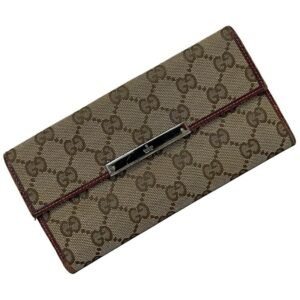 Gucci Bi-Fold Wallet Beige Wine Red 112715 GG Canvas Leather GUCCI W Ladies Long Plate | AlmaBagz