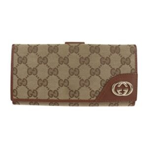 Gucci GG canvas bi-fold wallet 181593 leather brown gold metal fittings W hook long | AlmaBagz
