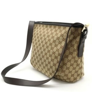 GUCCI GG Canvas Shoulder Bag Leather Khaki Beige Dark Brown 388930 | AlmaBagz