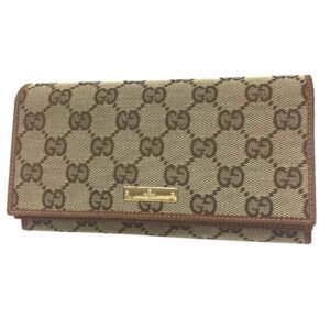 Gucci GG canvas W flap bifold long wallet 131888 leather beige | AlmaBagz