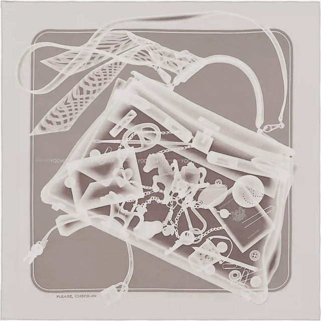 HERMES scarf Carre 90 PLEASE CHECK IN Beige/Gris Perle Silk100% | AlmaBagz