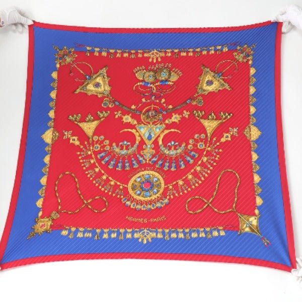 HERMES scarf silk Blue x red Pleated scarf PleatedCarre Jewelry pattern Women Used | AlmaBagz