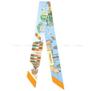 HERMES scarf Twilly Les Folies du Ciel Soleil Blue lavender/Vert  Silk100% | AlmaBagz