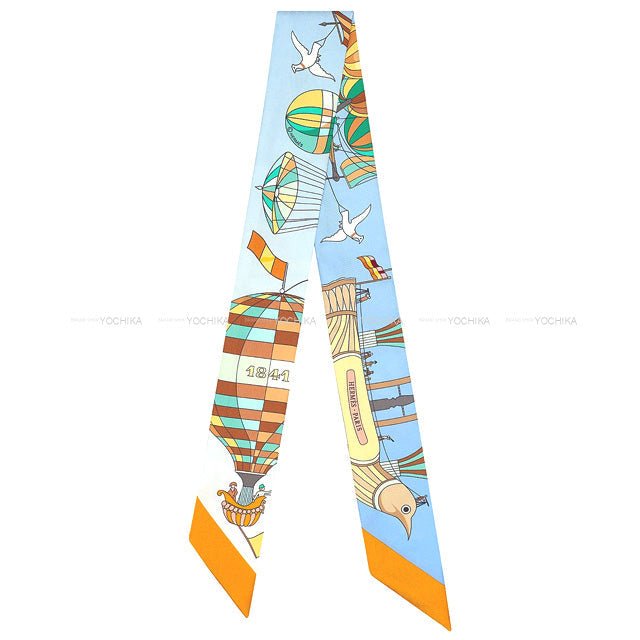 HERMES scarf Twilly Les Folies du Ciel Soleil Blue lavender/Vert Silk100% | AlmaBagz
