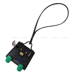 HERMES bag charm Bijoux de SAC Kelly doll Noir (Black)/Bleu Electrique/Mauve Pale/Mint Veau Tadelakt Gold HW Stamp | AlmaBagz