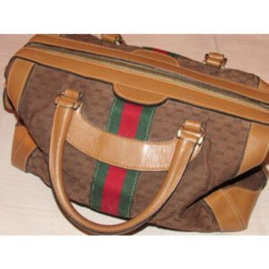 Gucci Vintage Dark Brown Small G Logo Print Fabric And Camel Leather With Red | AlmaBagz