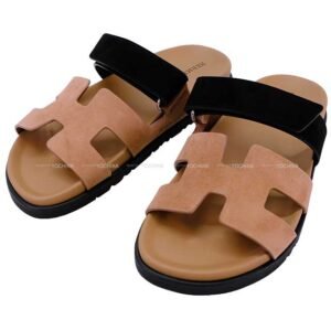 HERMES sandals Ladies Chypre Rose Perle/Black Calf/Chevre 38 38 | AlmaBagz