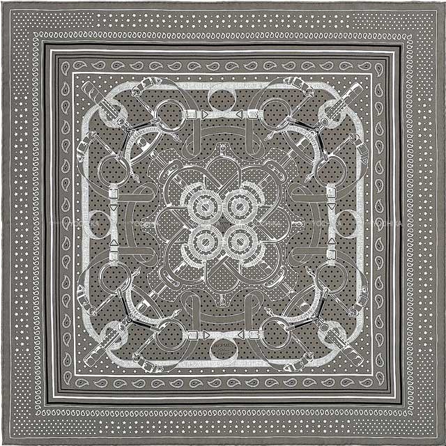 HERMES scarf Carre 70 Eperon d'Or Bandana Gris Taupe/Black(Noir)/White(Blanc) Silk100% | AlmaBagz
