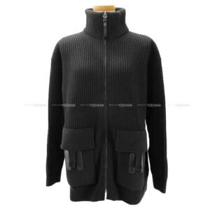 HERMES Knit Ladies Blouson H logo pocket over knit zip up Noir (Black) Wool/Lambskin 36 Silver | AlmaBagz