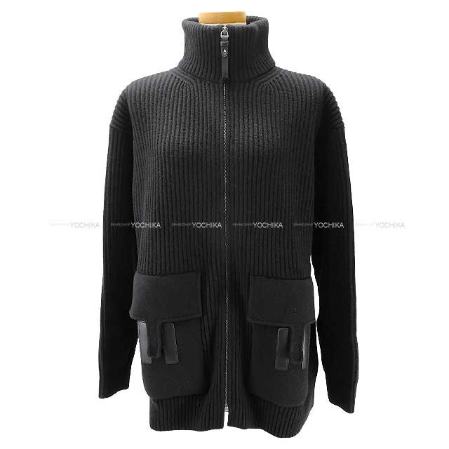 HERMES Knit Ladies Blouson H logo pocket over knit zip up Noir (Black) Wool/Lambskin 36 Silver | AlmaBagz