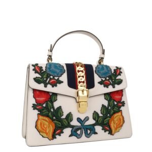 Gucci White Smooth Calfskin Leather Floral Embroidered Medium Sylvie Top Handle Bag | AlmaBagz