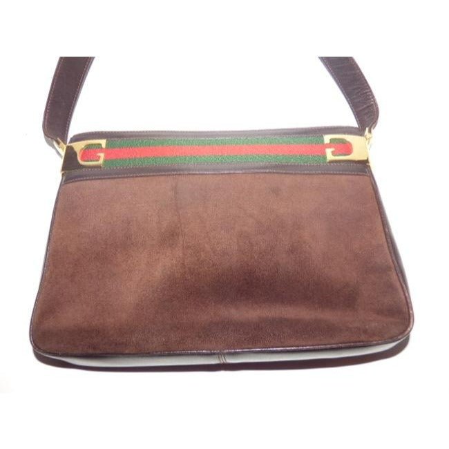 Gucci Vintage Brown Suede And Leather With Red And Green Striped Top Hobo Bag | AlmaBagz