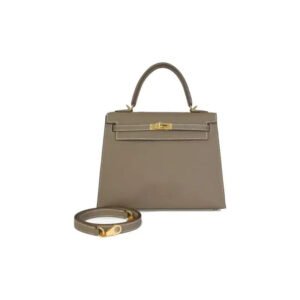 HERMES Kelly Bag Epsom Leather Handbag (25,28) elephant gray gold hardware | AlmaBagz