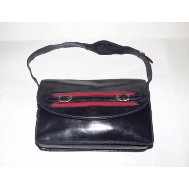 Gucci, black, glossy leather, large, multiple compartment, envelope top, shoulder bag with inlaid red/blue stripe and buckles & unique strap | AlmaBagz