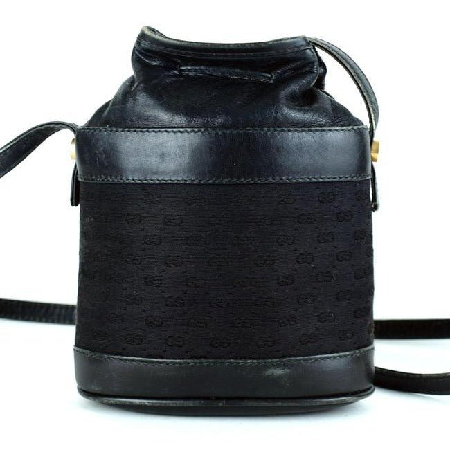 Gucci Early Cross Body Bucket Purses Black Small G Logo Print Logo Print Canvas And Black Leather Wi | AlmaBagz
