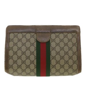GUCCI Web Sherry Line GG Canvas Clutch Bag PVC Leather Beige Green 89  36433 | AlmaBagz