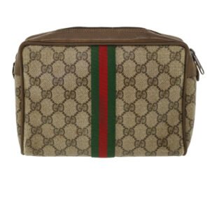 GUCCI Web Sherry Line GG Canvas Clutch Bag PVC Leather Beige Green  37094 | AlmaBagz