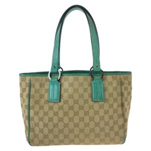 GUCCI Tote Bag 113019 GG canvas, leather Beige Green SilverMetal Tote Bag Shoulder Bag Handbag Women Used | AlmaBagz