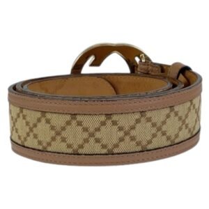 GUCCI belt 114876 Canvas, Leather Beige Brown Gold Metal Interlocking mens 34 Used | AlmaBagz