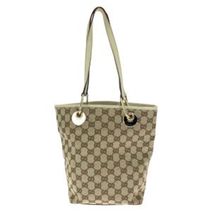 GUCCI Tote Bag GG canvas Beige Brown Gold Metal Tote Bag handbag Women Used | AlmaBagz