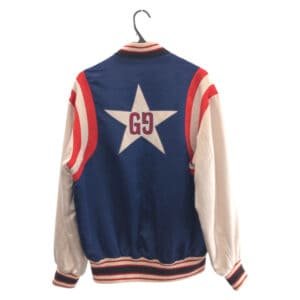 GUCCI Stajan 575315 ZABZR Acetate , Rayon , Polyester Navy White Red SilverMetal Stadium jumper GG mens 44 Used | AlmaBagz