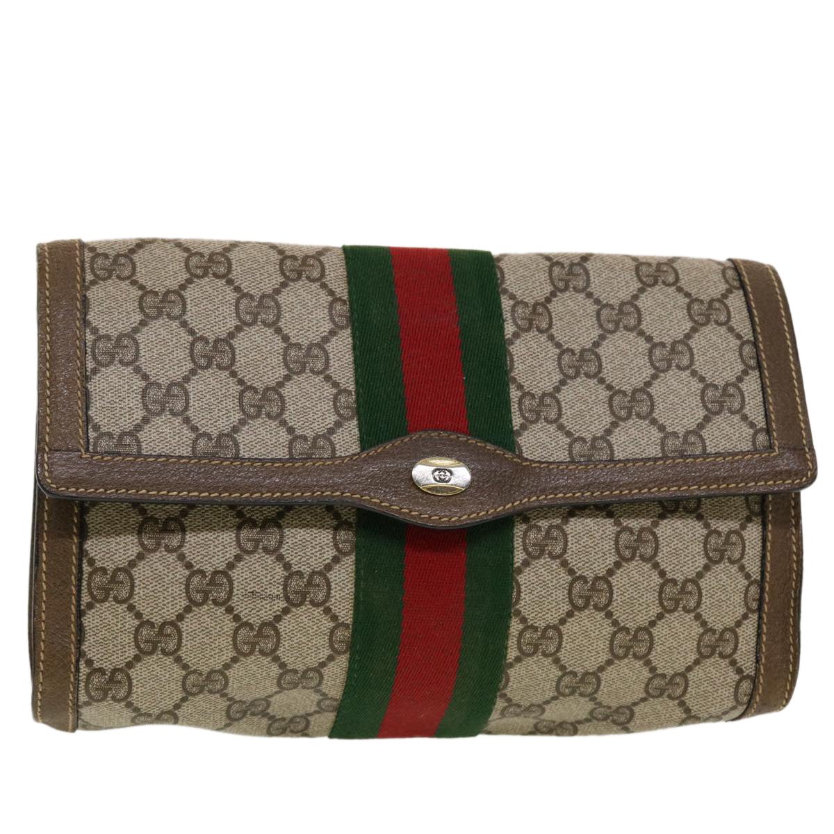 GUCCI GG Canvas Web Sherry Line Clutch Bag Beige Red Green 43902 | AlmaBagz