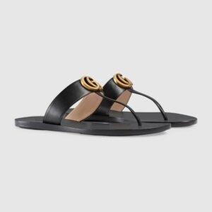 Gucci Double G Leather Thong Sandal in Black | AlmaBagz