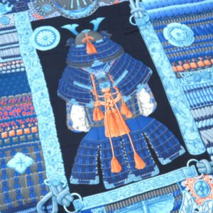 HERMES Stall cashmere blue Carre140 Samurai Armor Helmet Parures de Samourais | AlmaBagz