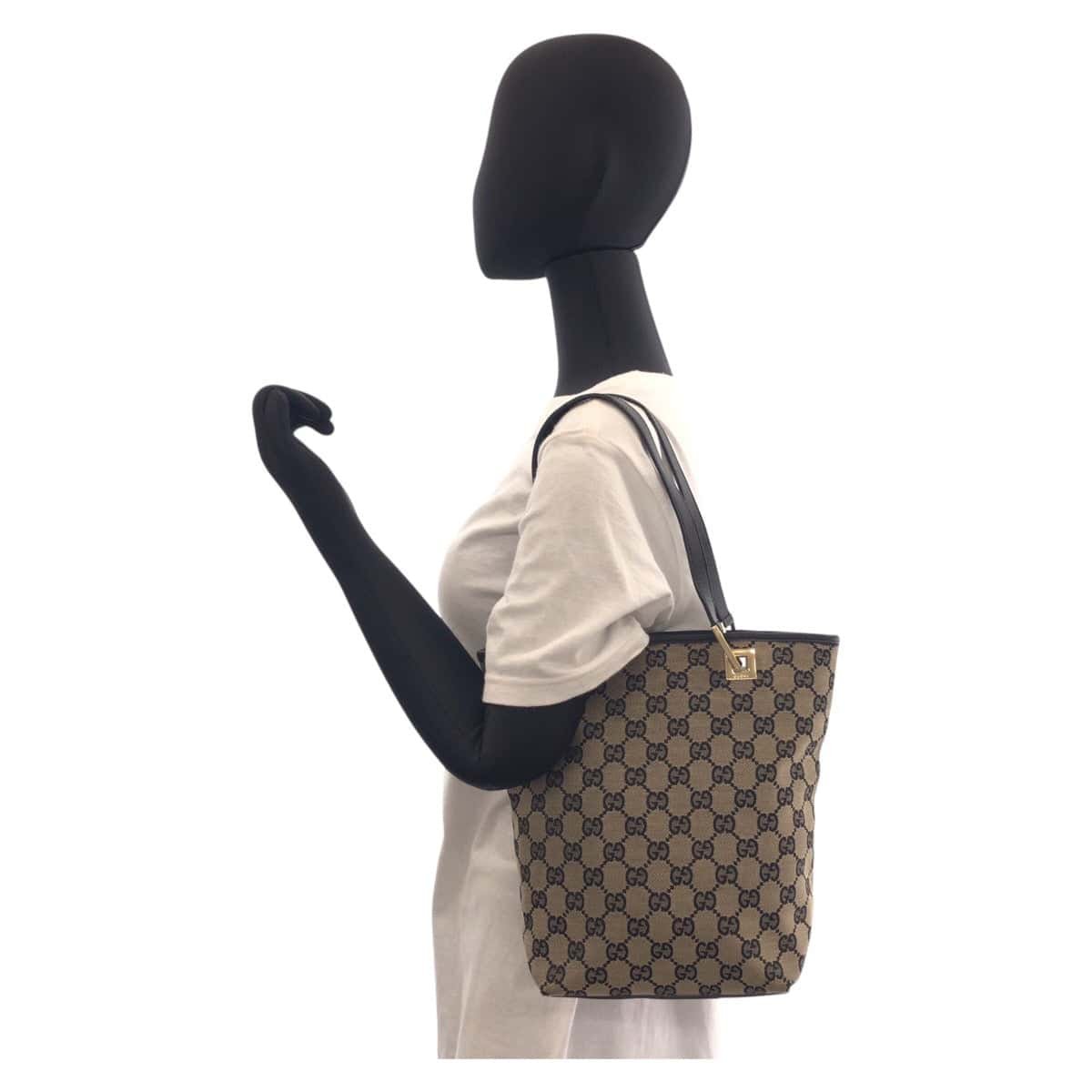 GUCCI Tote Bag 002 1099 GG canvas, leather Beige Black Gold Metal Tote Bag Shoulder Bag Women Used | AlmaBagz - Image 6