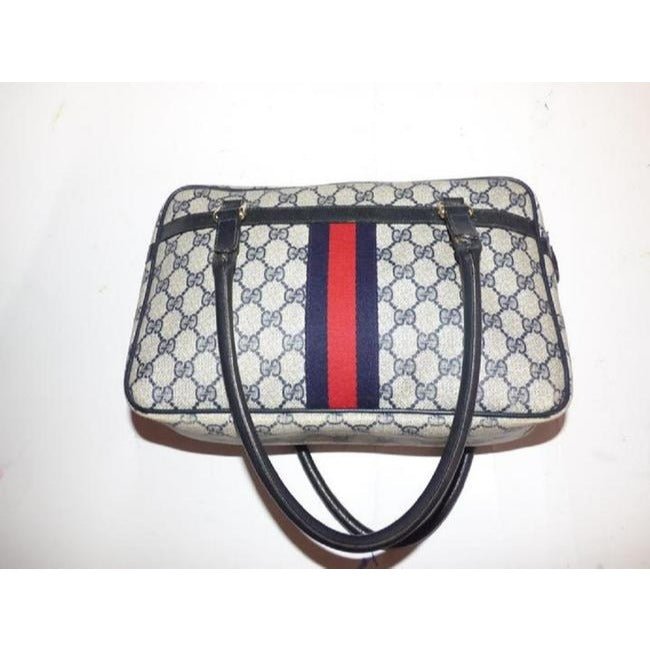 Gucci Guccissima Print Canvasleather Top Handle With Navy G Logoredblue Stripe Leathercoated Canvas | AlmaBagz