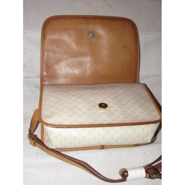 Gucci Vintage Beige With Camel Small G Logo And Red Green Stripe Leather Coated Canvas | AlmaBagz