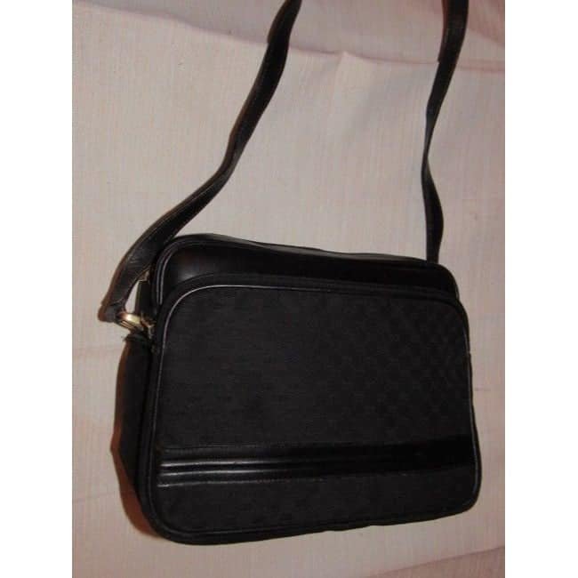 Gucci black leather & black micro Guccissima print canvas, roomy, cross body/messenger bag | AlmaBagz