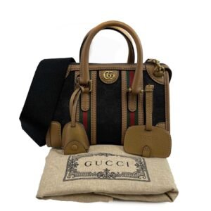 GUCCI GG Canvas Linea Bauletto Plaque Mini Top Handle Crossbody Black/Brown | AlmaBagz