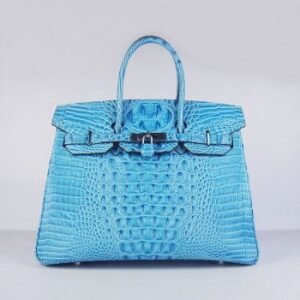 Hermes Birkin 35cm Crocodile Head Veins Handbags Light Blue Silver | AlmaBagz